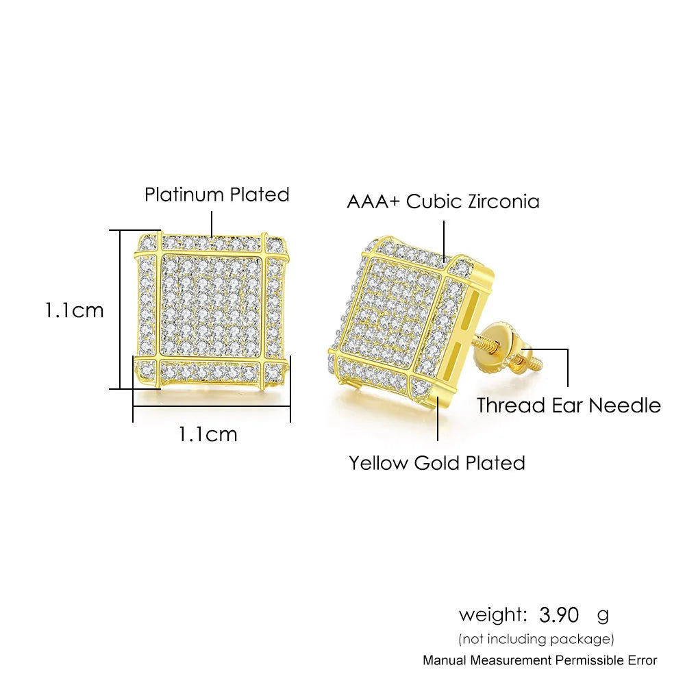 Hip Hop Ice Studded Earrings For Men Male Trend Cubic Zirconia Piercing Hiphop Gold Color Square Earring Jewelry Accessories