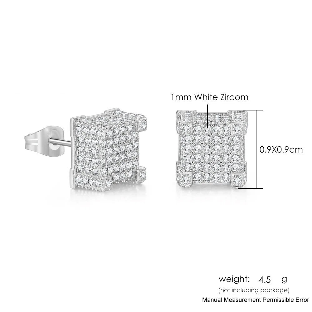 Hip Hop Ice Studded Earrings For Men Male Trend Cubic Zirconia Piercing Hiphop Gold Color Square Earring Jewelry Accessories