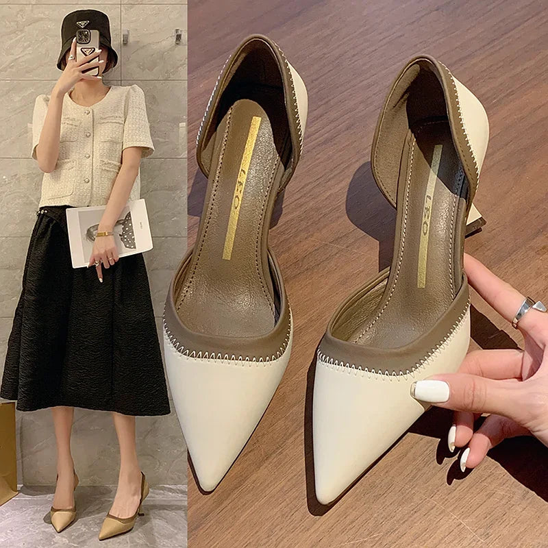 High Heels Medium Summer 2024 Pointed Toe Footwear Sandals for Women Ladies Shoes Thin Office Work Vintage Daily Casual on Offer