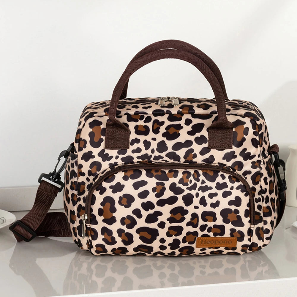Large capacity leopard print Oxford cloth crossbody lunch bag, American modern minimalist hand-held mommy ice pack