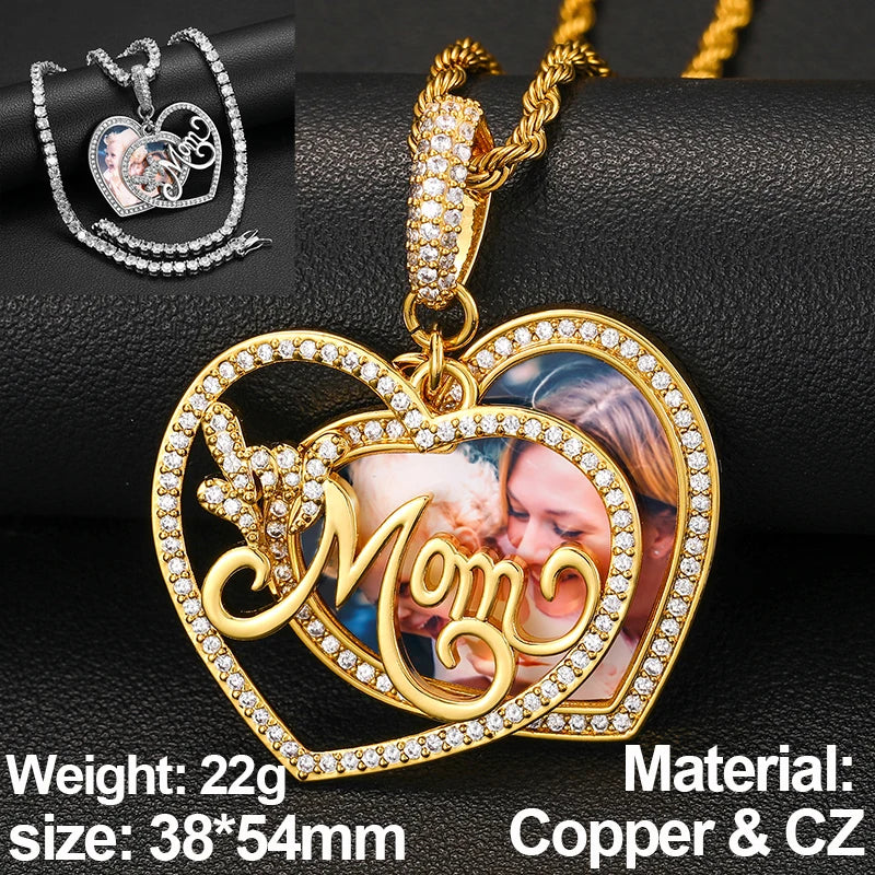 New Custom Photo Memory Medallions Pendant Necklace Round Heart Rectangle Triangle Hip Hop Jewelry Personalized Cubic Zircon