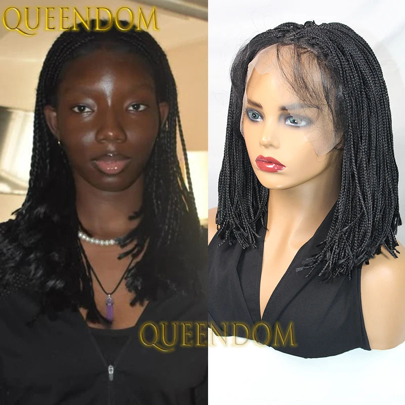 12 Inch Synthetic Silky Dreadlock Wig Thin Cornrow Plait Braids Short Bob Wig for Black Women Lace Frontal Micro Box Braided Wig