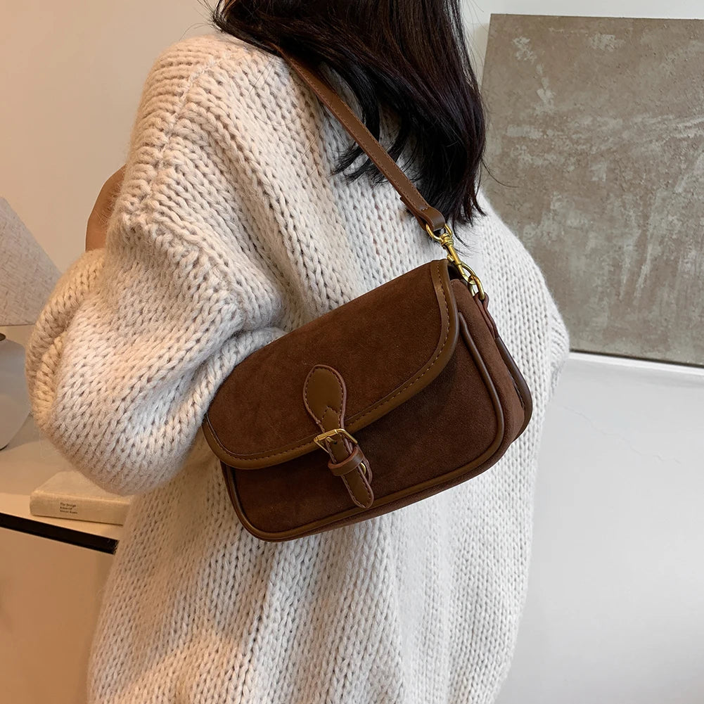 Korean Fashion New Small Square Bag Shoulder Bags Brown Niche Retro Suede Surface Leisure Versatile Trend Lady Crossbody Bags