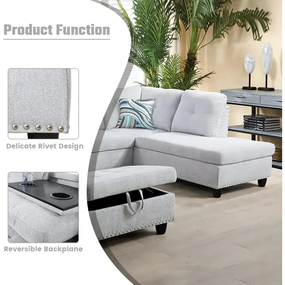 L Shaped Sectional Couch with Storage Ottoman, Modern Nailhead Lounge Sofa with Reversible Cup Holder & Chaise, 97"4 Seat Sofá
