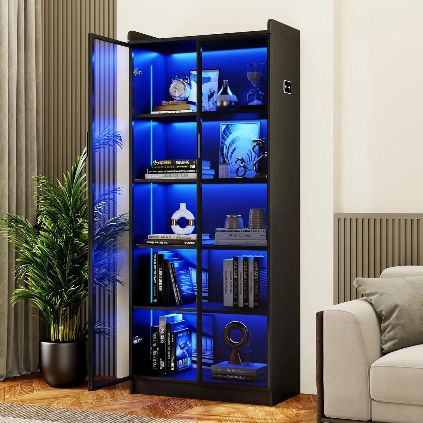 Storage Cabinet with Doors Adjustable Shelves - 65" White Tall Kitchen Pantry Organizer with Metal Handle/LED Lights/Human Senso