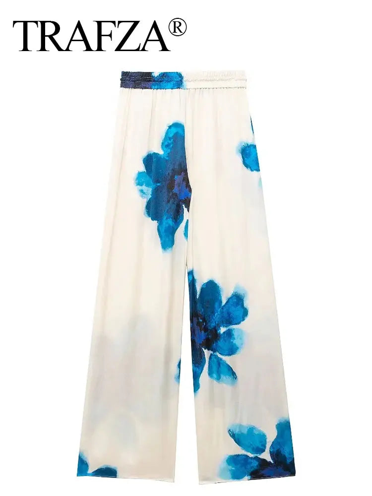 TRAFZA Women Fashion Floral Print Wide Leg Pants Loose Casual High Waist Drawstring Trousers Elegant Woman High Street Pant
