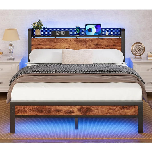 Bed Frame with LED Lights,Industrial Storage Headboard with Charging Station,USB Port,Under Bed Storage,Wood Platform