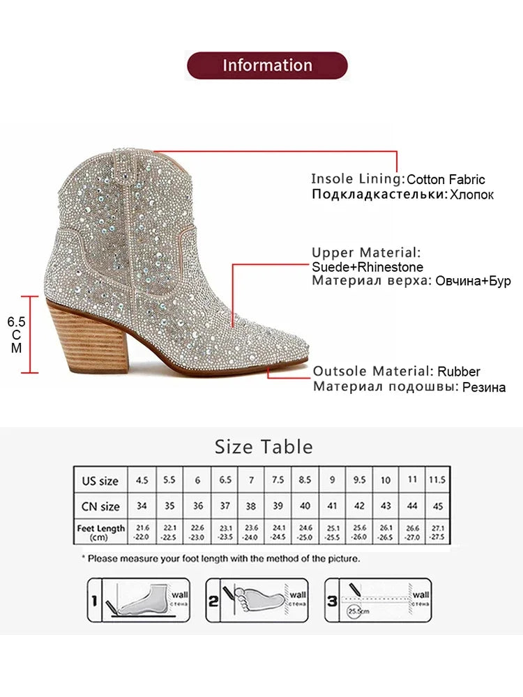 Western Cowboy Boots Fashion Women Ankle Boots Glitter Bling Shiny Trend High Heels High Quality Shoes Botas De Mujer 2024