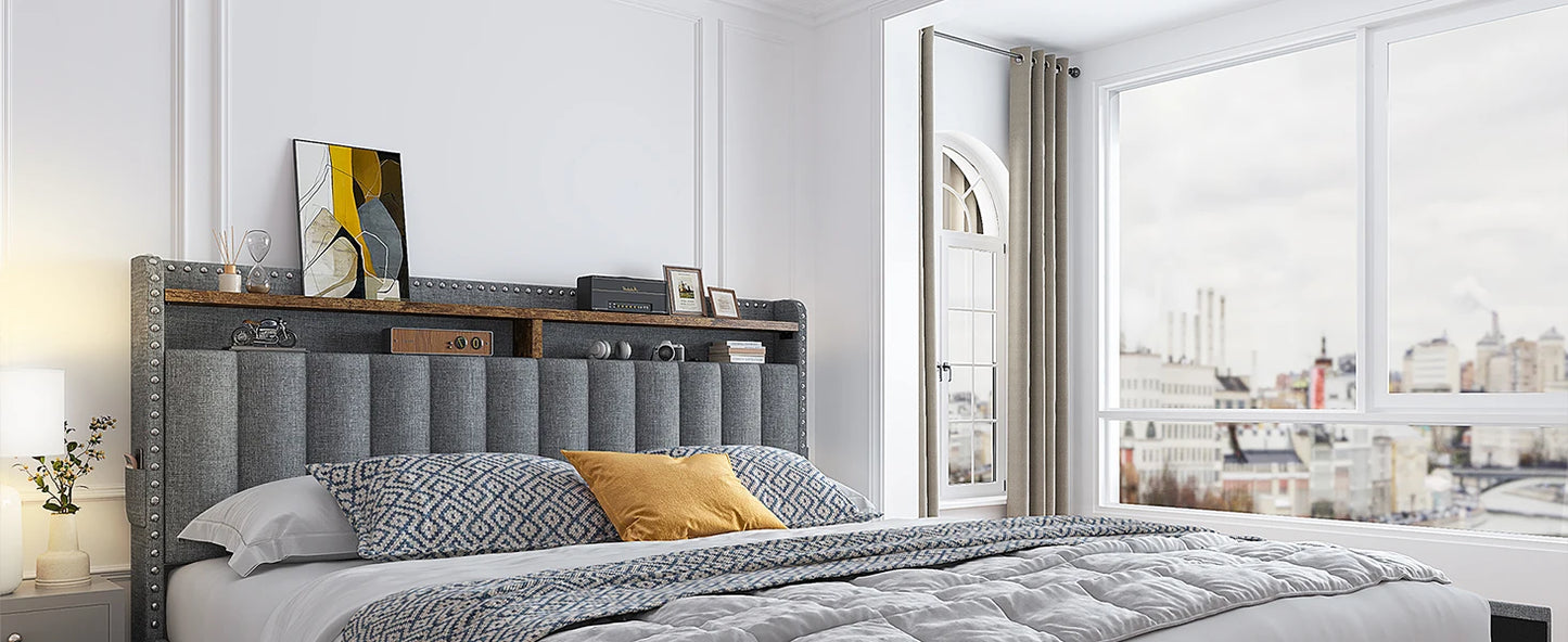 Queen Bed Frame with 3 Drawers Upholstered Bed Frame  Size with Headboard,Size  Frame,  Frame with