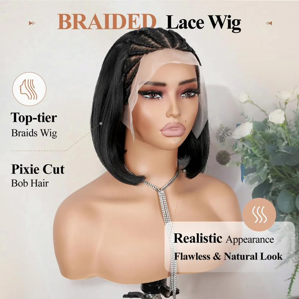 13X6 Lace Front Braided Wigs for Black Women Synthetic Short Straight Bob Wigs with Braid 12 Inch Short Cornrow Braided Wigs
