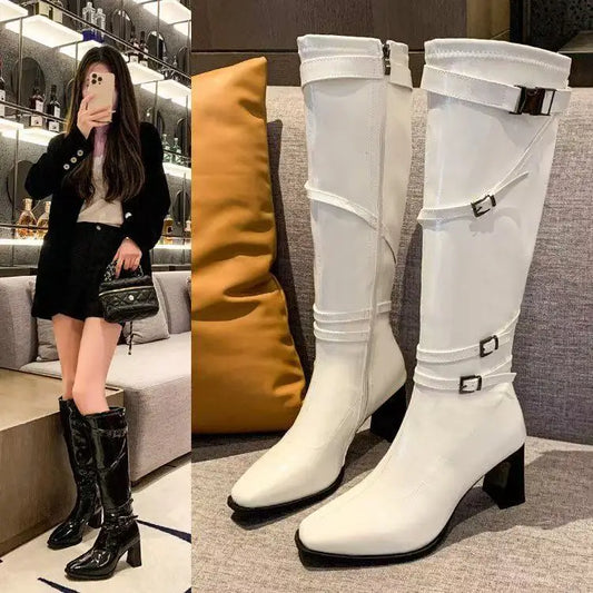 Foreign style high-heeled boots women's 2025 autumn new belt buckle thick heel square head high boots temperament knight boots