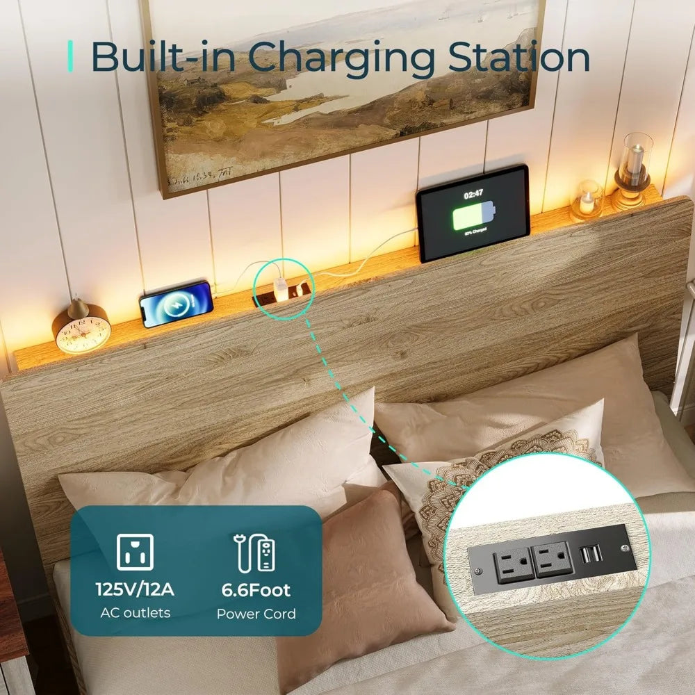 LINSY Full Size Wood Bed Frame with Ergonomic Headboard, RGB Lights, Outlets & Charger, Storage Shelf, Noise-Free, No Box