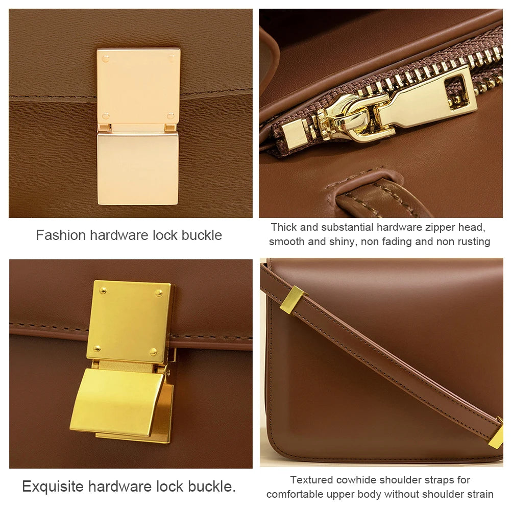 Leather Shoulder Bag for Women Small Square Bag Metal Lock Fashion Messenger Bag Luxury Designer Handbag Casual Commuting Bag