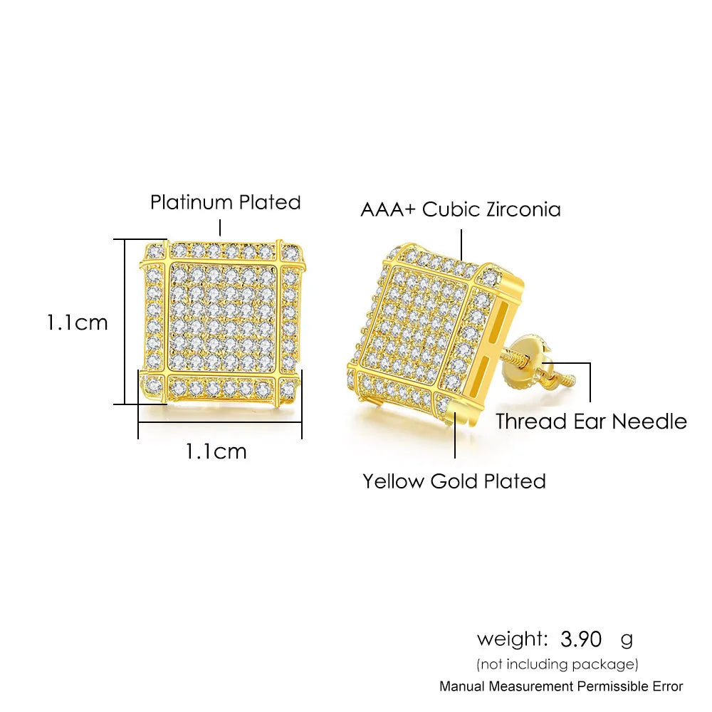 Hip Hop Ice Studded Earrings For Men Male Trend Cubic Zirconia Piercing Hiphop Gold Color Square Earring Jewelry Accessories