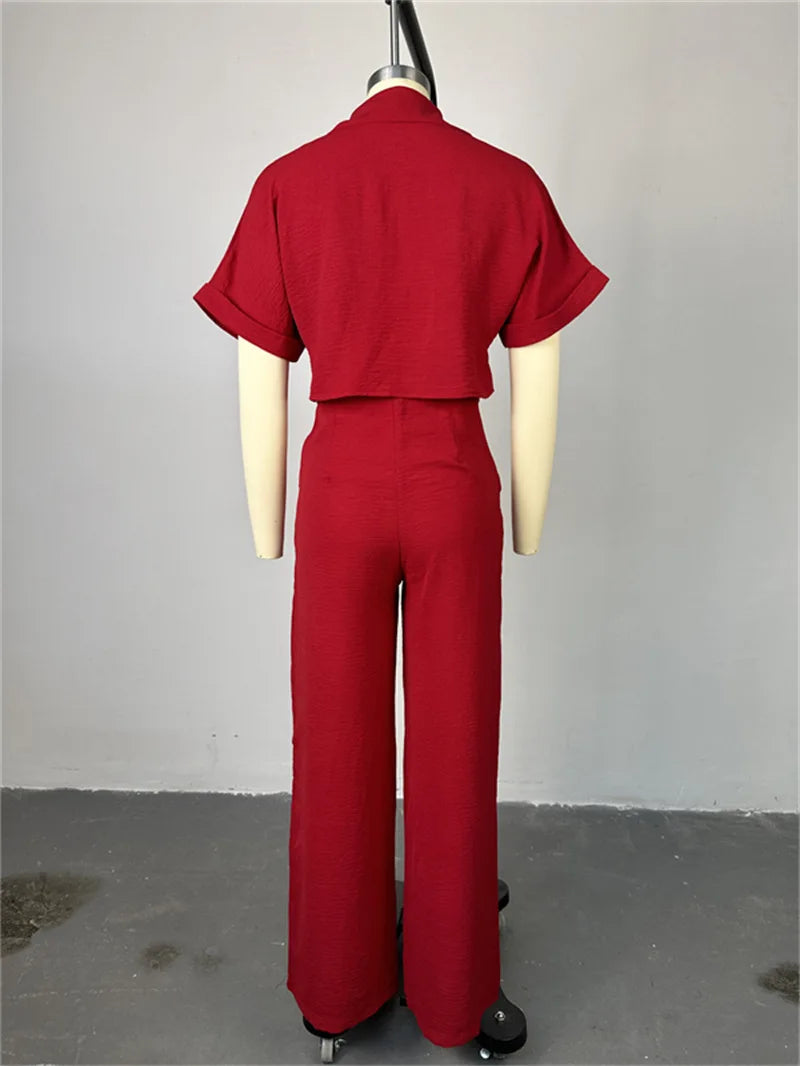 Women's Two-piece Set Spring Summer New Style Lapel Short-sleeved Shirt High Waist Wide Leg Trousers Casual Suit Women Clothing