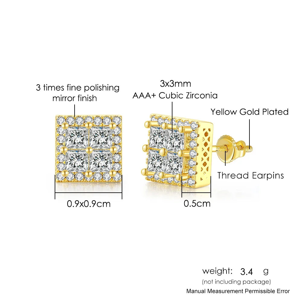 Hip Hop Ice Studded Earrings For Men Male Trend Cubic Zirconia Piercing Hiphop Gold Color Square Earring Jewelry Accessories