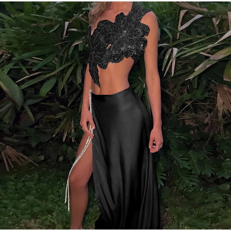 Sexy 3D Flower 2 Pieces Suit Women Slash Neck Sleeveless Lace Up Crop Tank Split Long Skirt Female Set 2025 Spring Lady Suits
