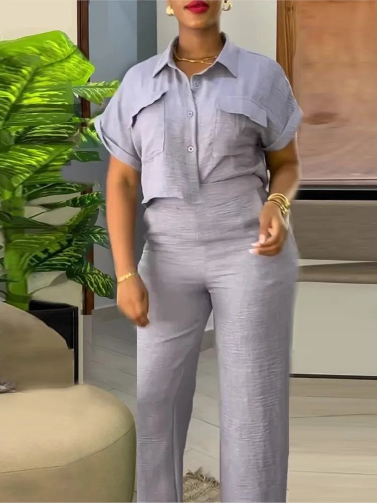 Women's Two-piece Set Spring Summer New Style Lapel Short-sleeved Shirt High Waist Wide Leg Trousers Casual Suit Women Clothing