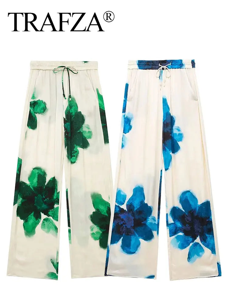 TRAFZA Women Fashion Floral Print Wide Leg Pants Loose Casual High Waist Drawstring Trousers Elegant Woman High Street Pant