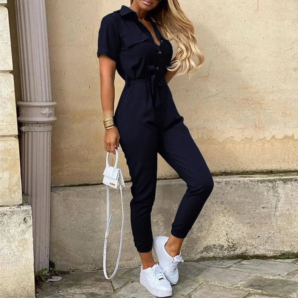 Women's Monochromatic Belt Workwear Jumpsuit, Casual Pants, Flip Collar, Buckle, European and American, Summer, 2024