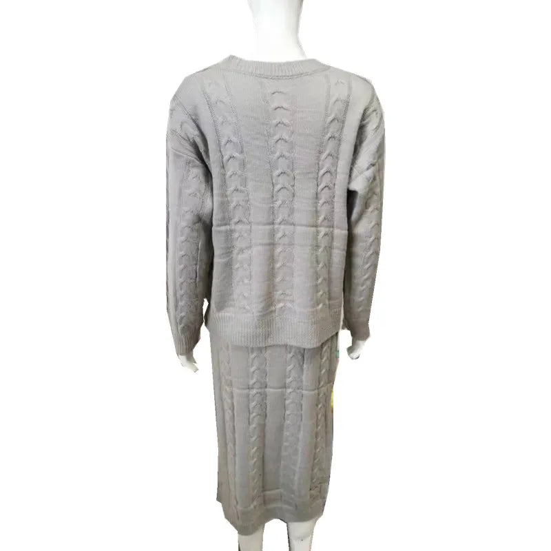 SKMY Autumn Winter Warm Two Piece Sets Long Sleeve Pullovers Sweater Pocket Skirt Sets Women Knitted Casual Suit Solid Color