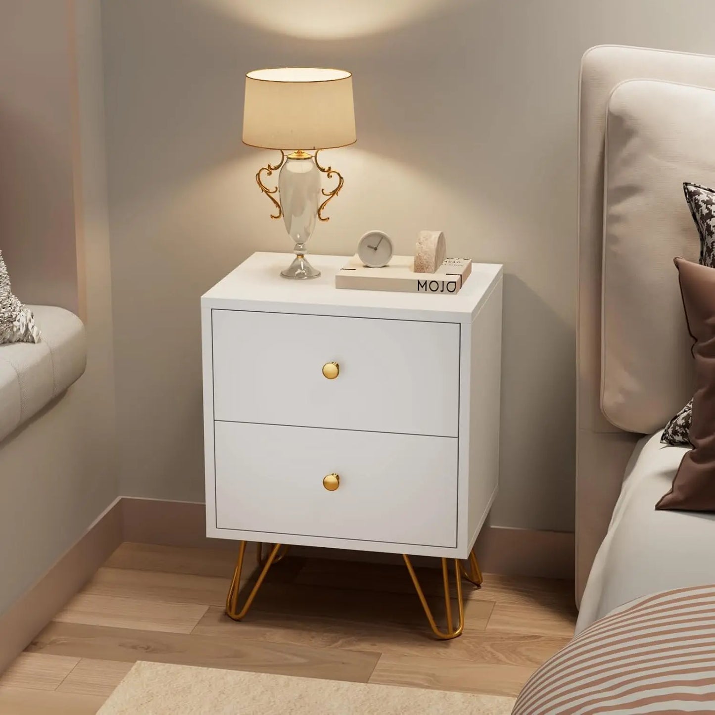 Nightstand Set of 2, End Side Table Double, Bedside Table with 2 Drawers,  Stand Metal Legs and Knobs for Bedroom Living.