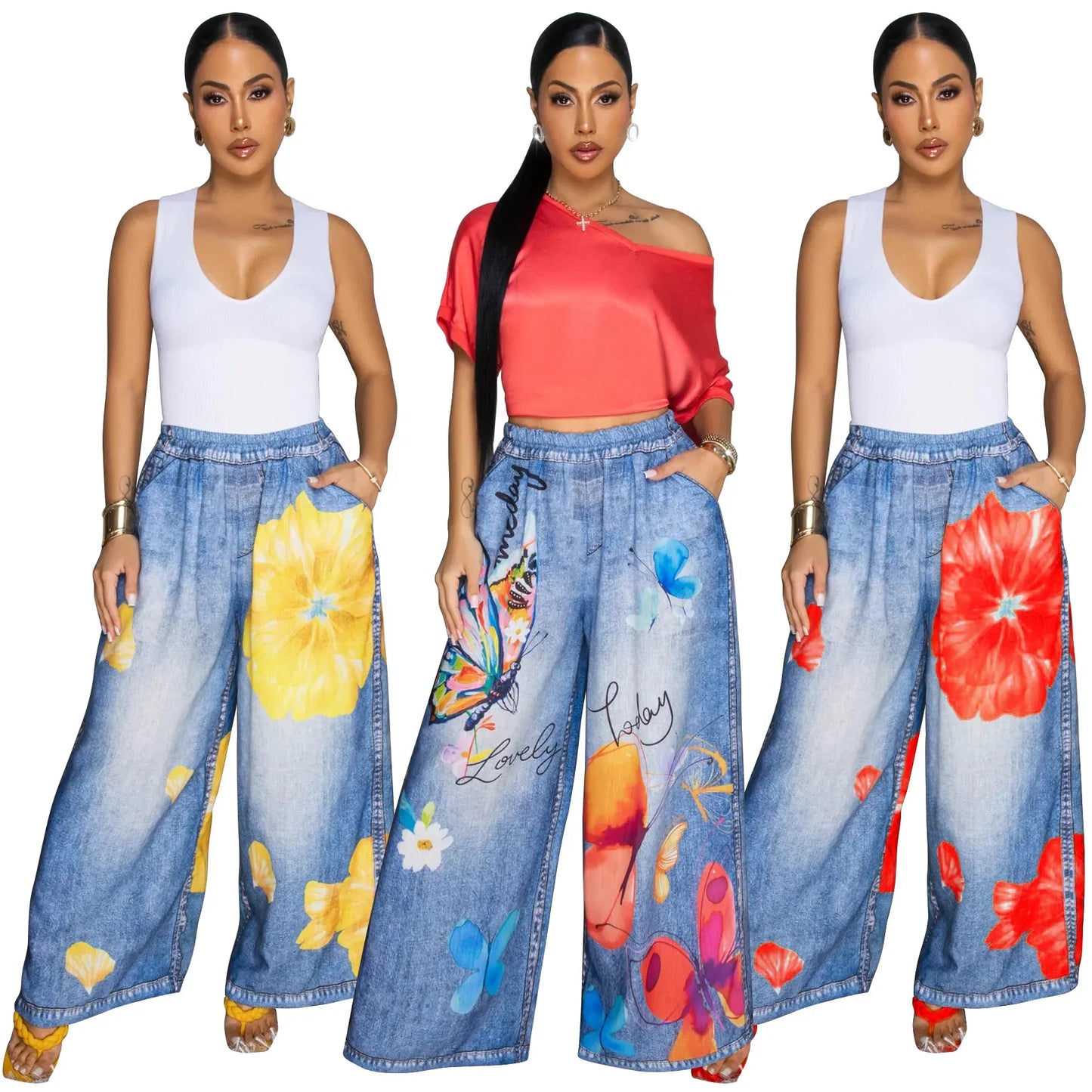 Casual Printed Wide Leg Pants Women's Loose Fit Trousers Comfortable Fashionable Female Clothing Long Pants from Mainland China
