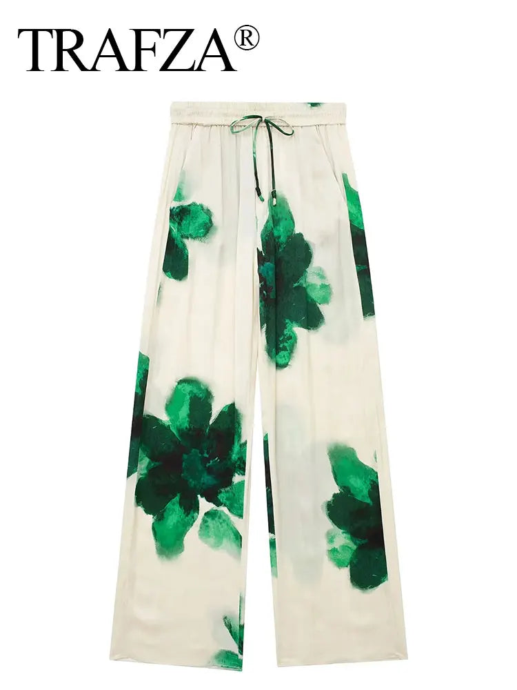 TRAFZA Women Fashion Floral Print Wide Leg Pants Loose Casual High Waist Drawstring Trousers Elegant Woman High Street Pant