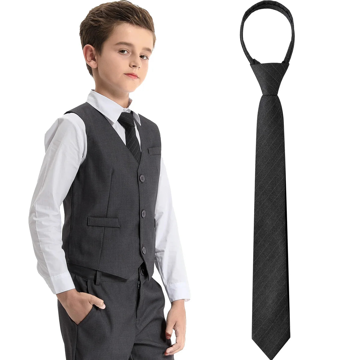 Boys Girls Neckties Kids Zipper Solid  Adjustable Accessories Teenager Students Photograph Perform Tie 6-16 Years Old