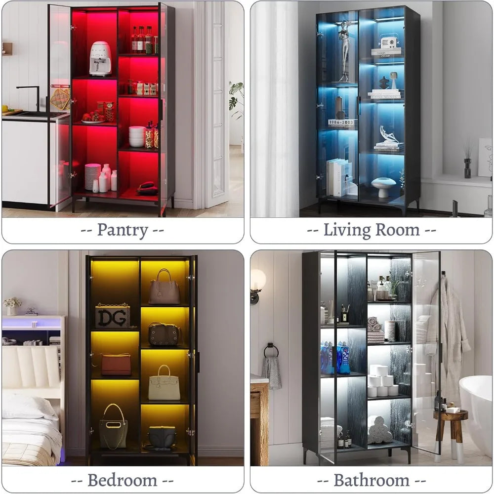 Glass Display Cabinet with Led Lights, Display Cabinet with Glass Doors with Shelves of Different Heights, Glass Curio Cabinet