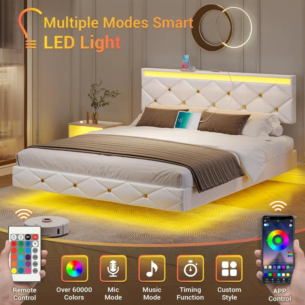 Floating Bed Frame King Size with LED Lights and Charging Station, Modern King Platform Bed with Vegan Leather Upholstered