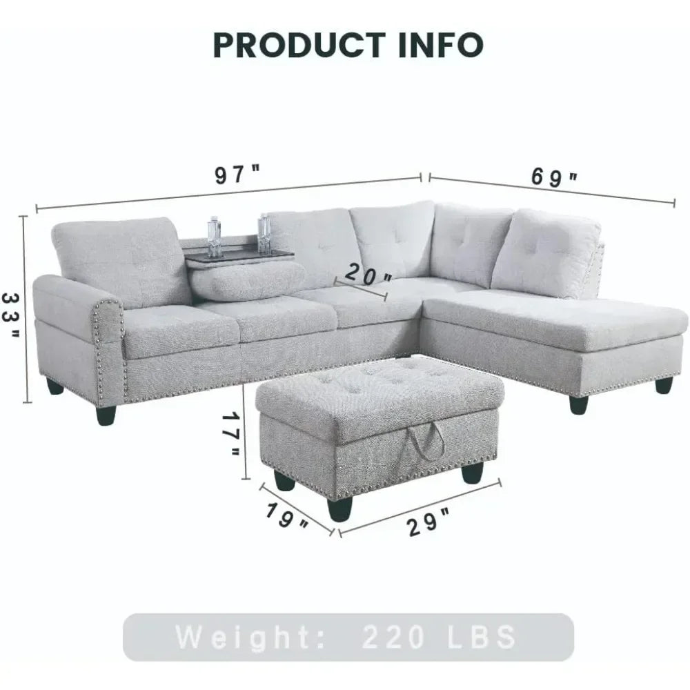 L Shaped Sectional Couch with Storage Ottoman, Modern Nailhead Lounge Sofa with Reversible Cup Holder & Chaise, 97"4 Seat Sofá
