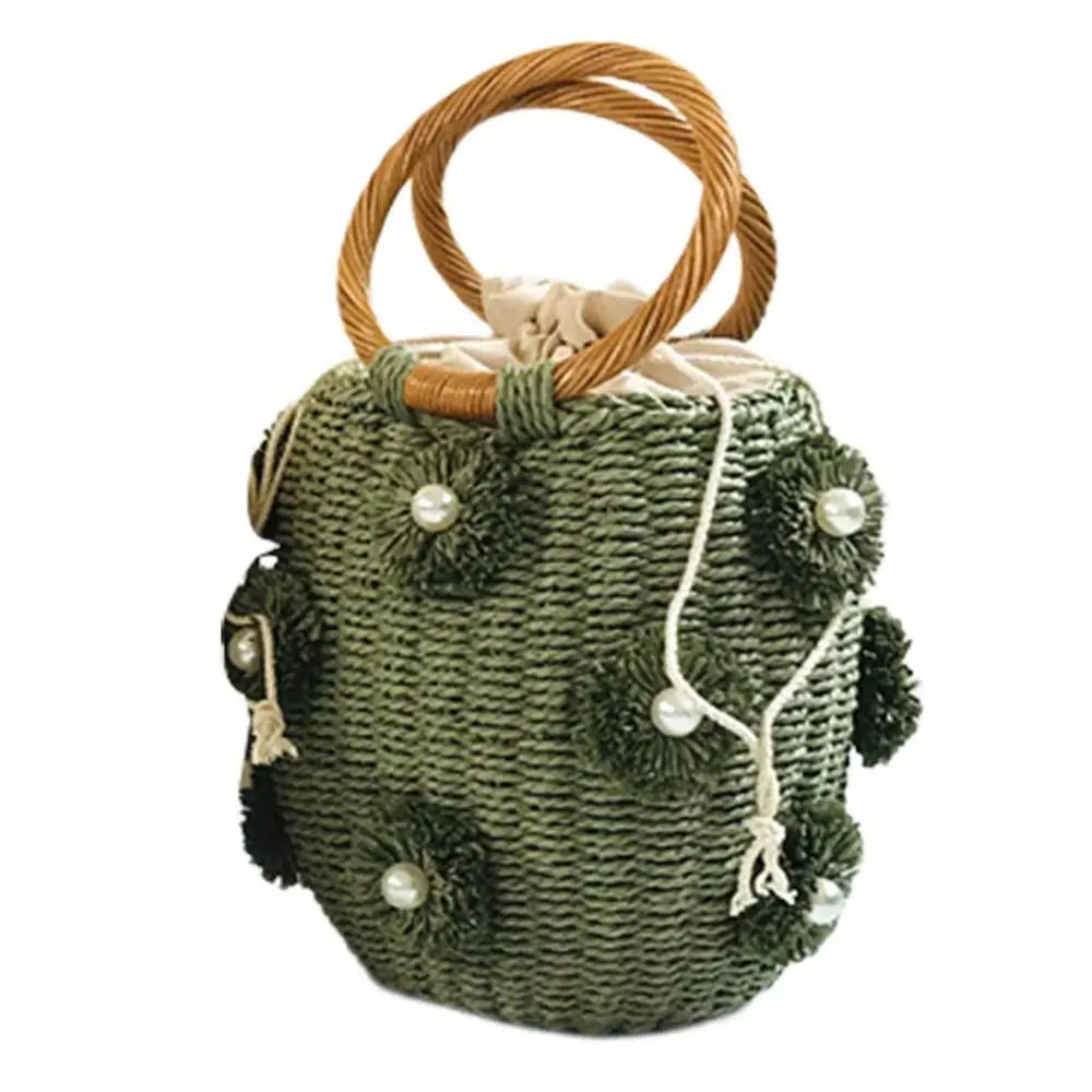 Flower Rattan Bag Woven Tote Bag With Flower Pearl Straw Beach Bag In Bucket Shape For Parties Shopping Travel Camping Hiking