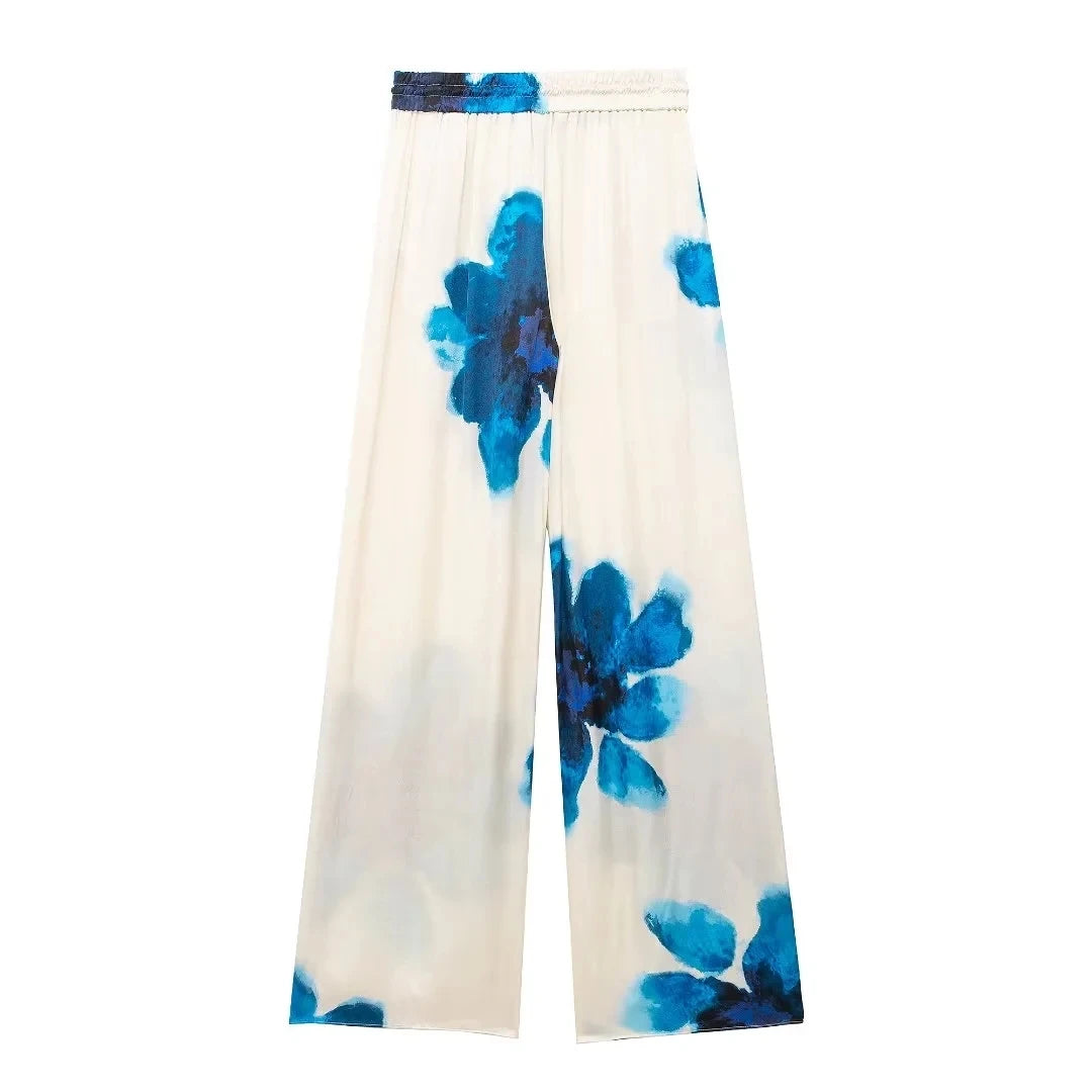 TRAFZA Women Fashion Floral Print Wide Leg Pants Loose Casual High Waist Drawstring Trousers Elegant Woman High Street Pant