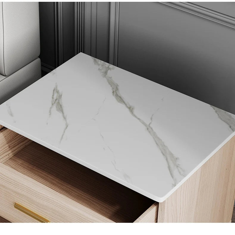 Modern Style Solid Wood Bedside Table with 2 Drawers Leather Bedroom Nightstands with Sintered Stone Top Mini Storage Cabinet