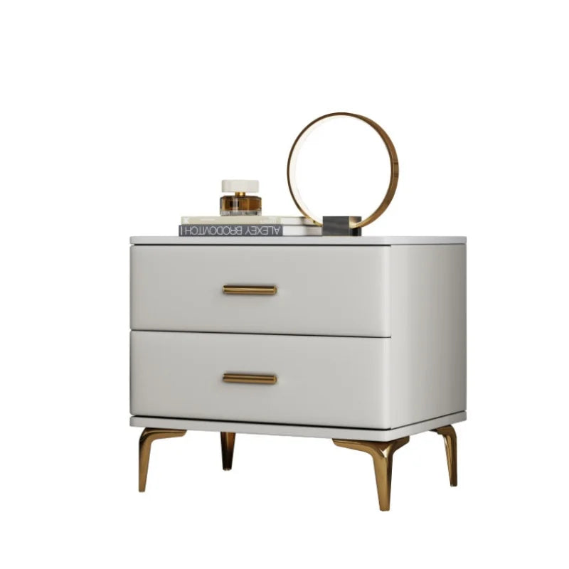 Modern Style Solid Wood Bedside Table with 2 Drawers Leather Bedroom Nightstands with Sintered Stone Top Mini Storage Cabinet