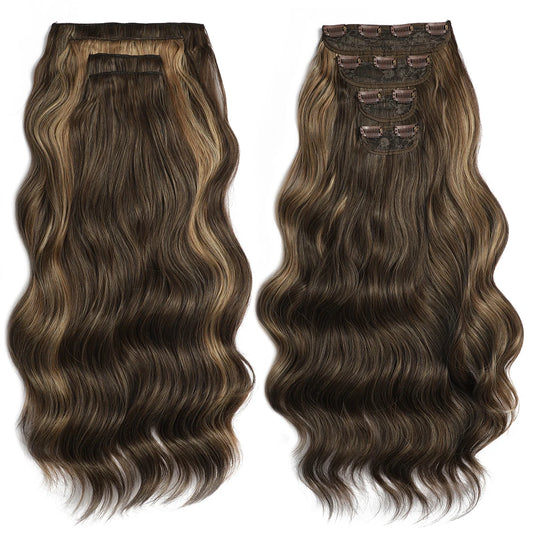 4PCS Clip in Hair Extensions Synthetic 22Inch Long Spiral Wavy Curl Natural Thick Hairpieces for Women Light Brown