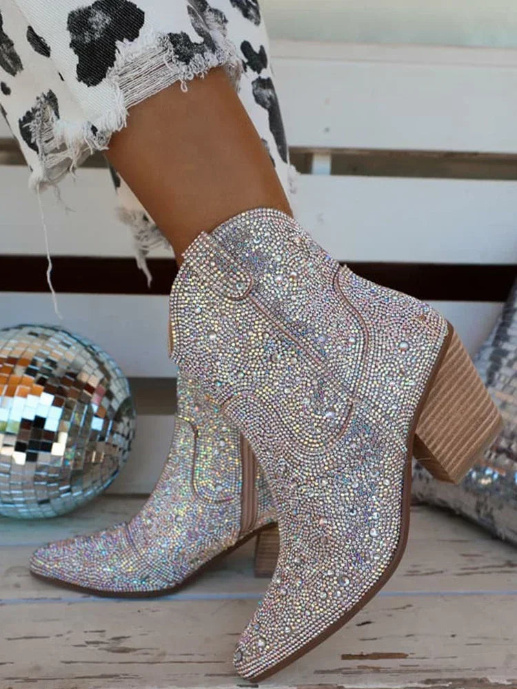 Western Cowboy Boots Fashion Women Ankle Boots Glitter Bling Shiny Trend High Heels High Quality Shoes Botas De Mujer 2024