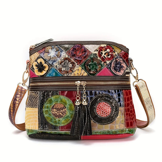 Casual Multi Color Messenger Bag Snake Pattern Women's Colorful Flowers Splicing Tassels Single Shoulder Purse