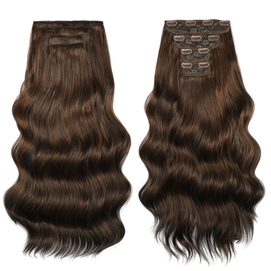 4PCS Clip in Hair Extensions Synthetic 22Inch Long Spiral Wavy Curl Natural Thick Hairpieces for Women Light Brown