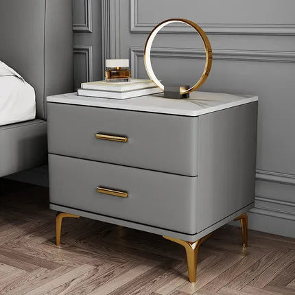 Modern Style Solid Wood Bedside Table with 2 Drawers Leather Bedroom Nightstands with Sintered Stone Top Mini Storage Cabinet