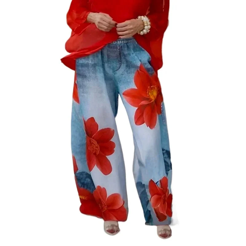 Krisstargirl Summer Women's Urban Flower Printed Pants 2025 New Loose Casual Hight Waist Wide Leg Trousers Bottoms for Woman