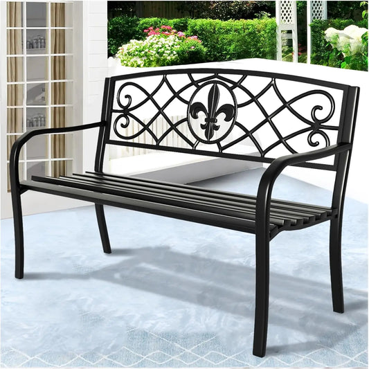 Ylgj&Tidy 50"" Outdoor Bench, Heavy Duty Garden Bench With Ergonomic Backrest & Armrests, Weatherproof Cast Iron Bench, Outdoor