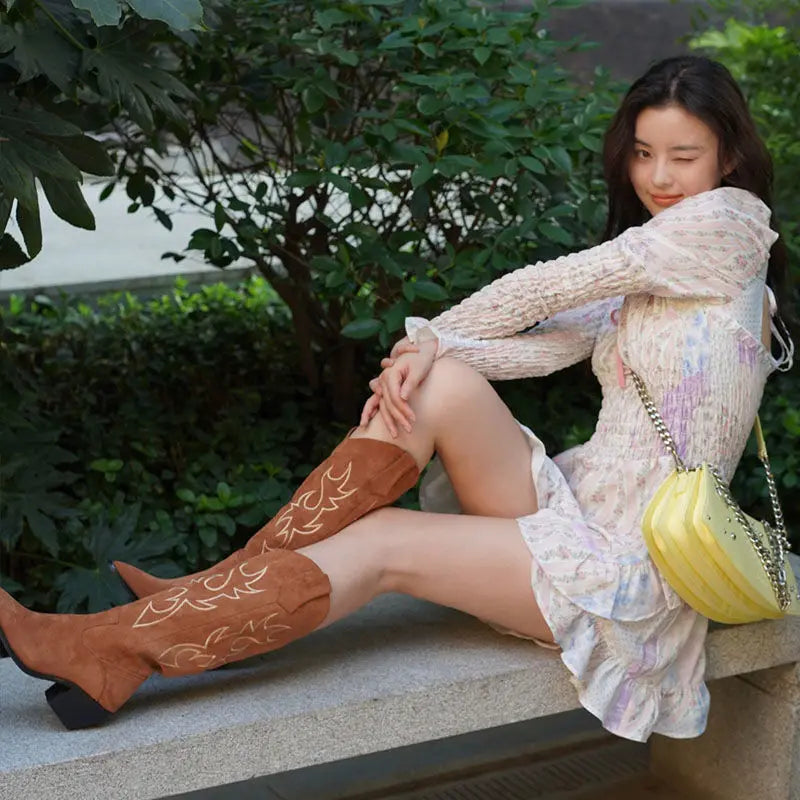 Shoes for Woman Western Cowgirl Cowboy Fur Footwear Long Denim Women's Boots Punk Winter Knee High Shaft White Hot Gothic Boot