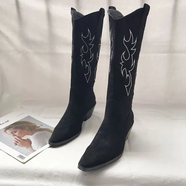 Shoes for Woman Western Cowgirl Cowboy Fur Footwear Long Denim Women's Boots Punk Winter Knee High Shaft White Hot Gothic Boot