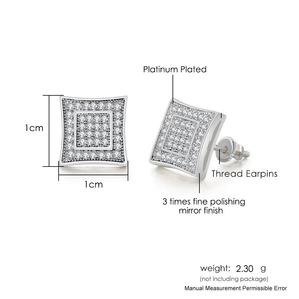 Hip Hop Ice Studded Earrings For Men Male Trend Cubic Zirconia Piercing Hiphop Gold Color Square Earring Jewelry Accessories