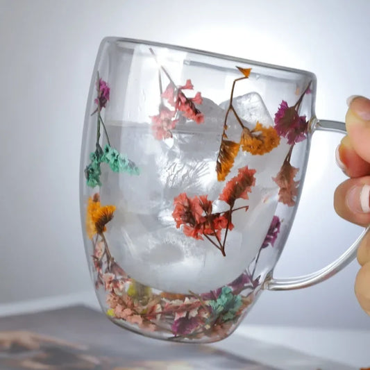 350ML Dried Flower Decorated Coffee Cup Milk Mug Kitchen Double Wall Glass Cup with Handle Heat Resistant Tea Cups Glass Mug