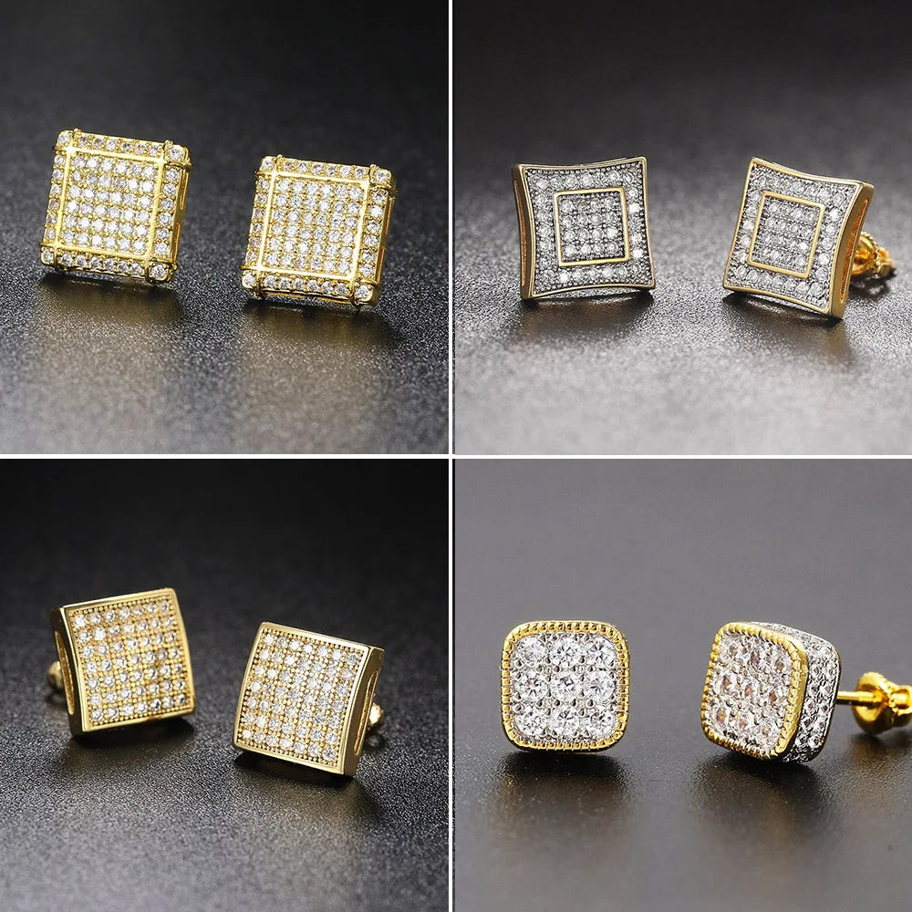 Hip Hop Ice Studded Earrings For Men Male Trend Cubic Zirconia Piercing Hiphop Gold Color Square Earring Jewelry Accessories