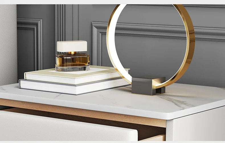 Modern Style Solid Wood Bedside Table with 2 Drawers Leather Bedroom Nightstands with Sintered Stone Top Mini Storage Cabinet