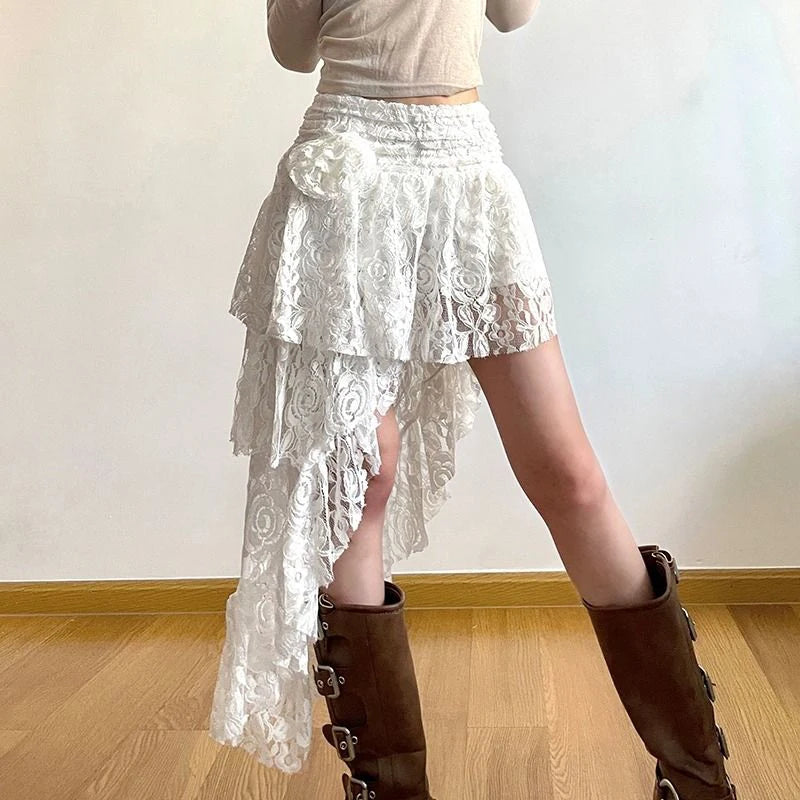 Asymmetrical Lace Skirt Women Sexy Bohemian Elegant High Waist A Line Skirt 2000S Retro Streetwear Y2K Casual White Skirts New